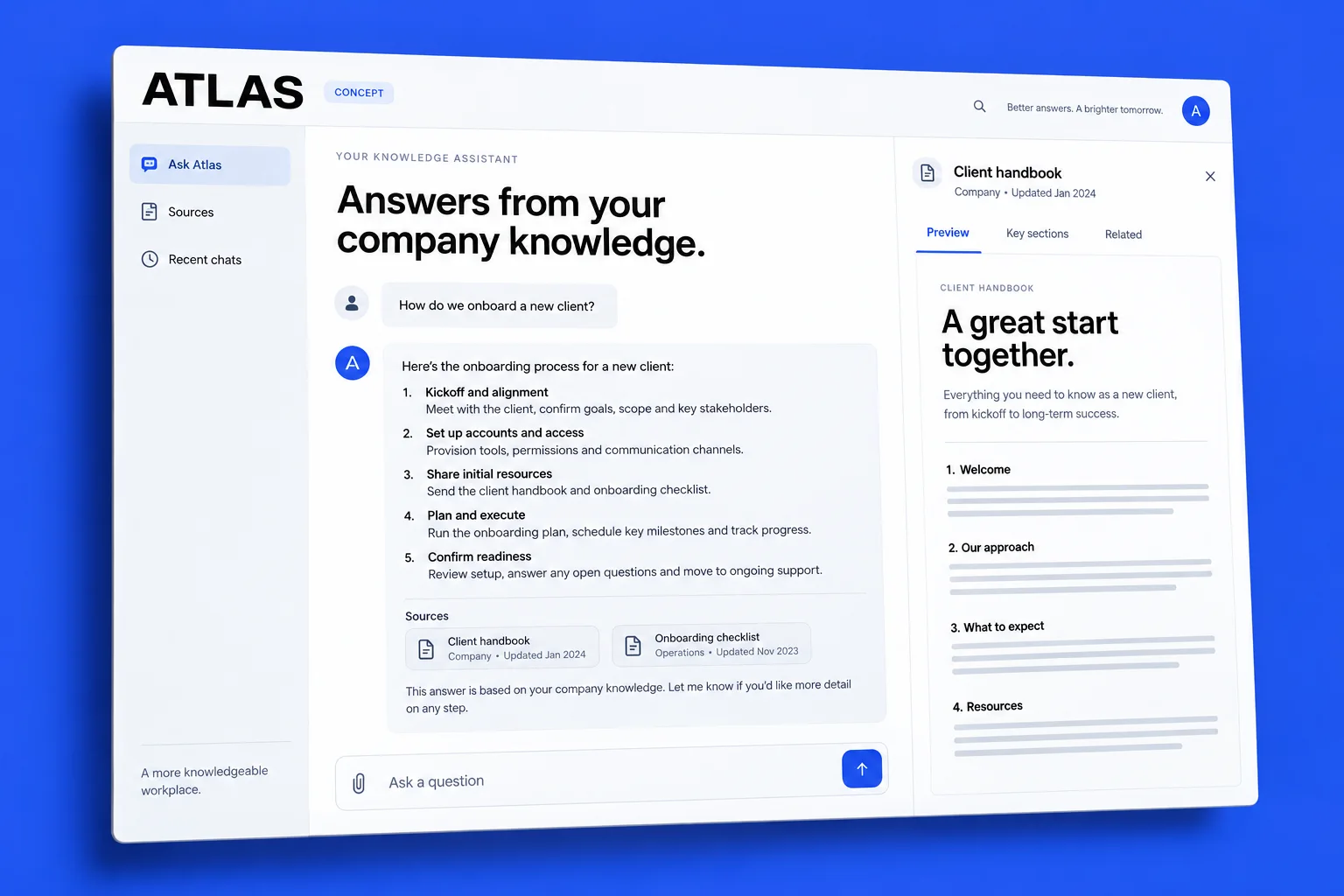 ATLAS concept interface with a company knowledge question, suggested answer, and source documents