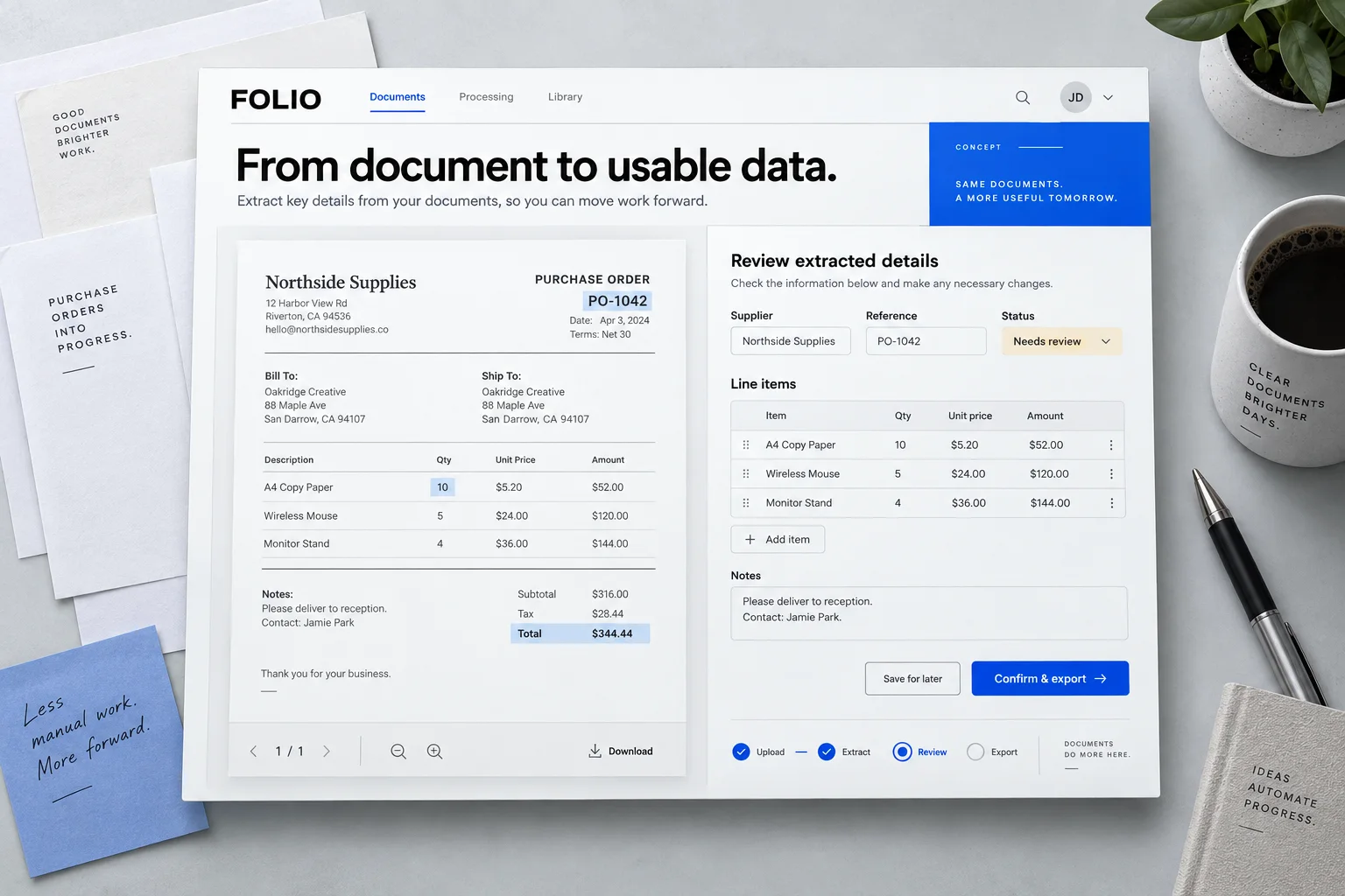 FOLIO concept interface with a purchase-order document beside extracted fields and a review action