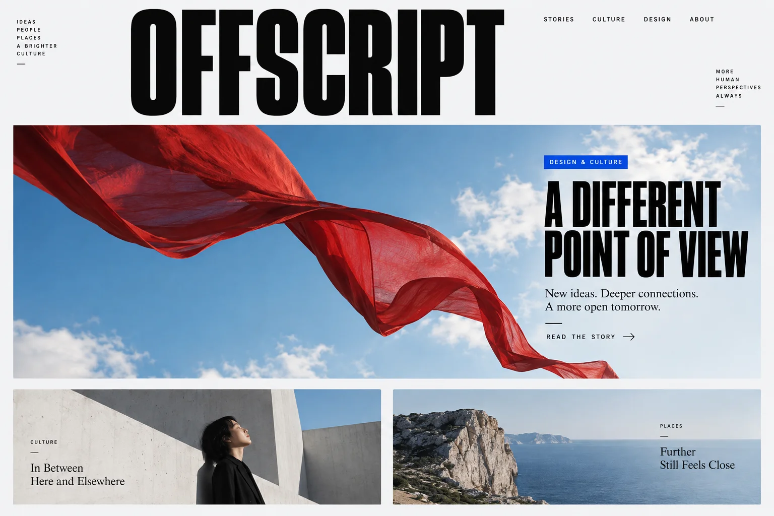 OFFSCRIPT editorial website design study with bold typography and a red ribbon photograph