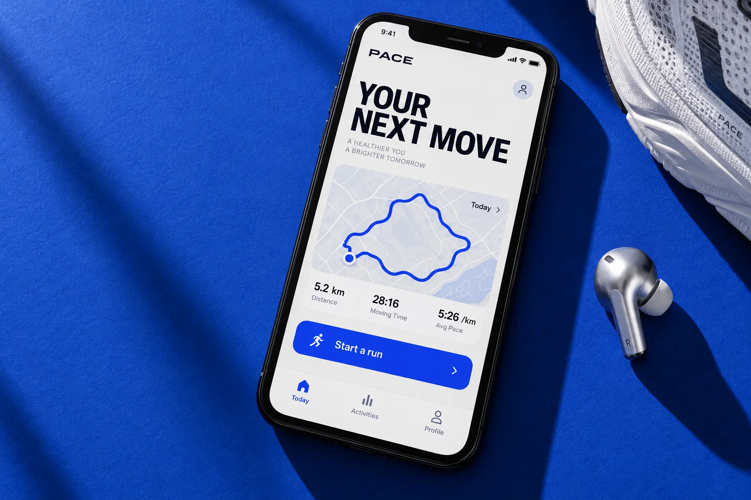 PACE running app design study on a smartphone against a cobalt blue background